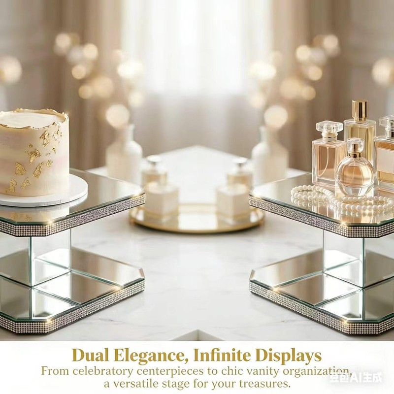 GIMORRTO Mirrored Display Riser with Rhinestone Trim, Two-Tier Square Stand,