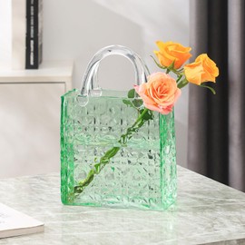 PORPAN Purse Vase, Glass Bag Vase, Glass Purse Vase for Flowers, Green Vases, 12 Inch Large Flower Vases with Embossed Pattern for Wedding, Living Room, Bedroom, Table, Office(Tote)