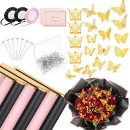 auroray 60 sheet Flower Wrapping Paper Waterproof Floral Bouquet Wrapping Paper Valentine's Day Flower Wrap With Ribbons Flower Pins 3d Butterflies Crowns（Pink+Black）