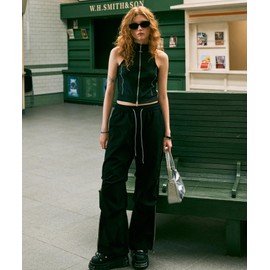 Bakyarder Women's Casual Parachute Pants Long Baggy Hiking Lightweight Drawstring Elastic Waist Wide Leg Track Trousers Y2K Streetwear Reflective Strips Pants Black Large