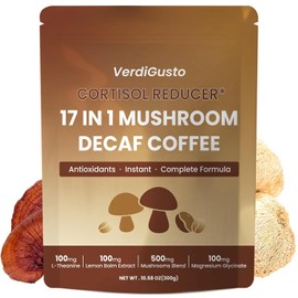 Decaf Coffee with 14 Mushrooms | 17-in-1 Instant Decaffeinated Coffee | L-Theanine, Lemon Balm & Magnesium Glycinate | Support Cortisol Balance | Non-GMO, Gluten-Free | 300g, 100 servings