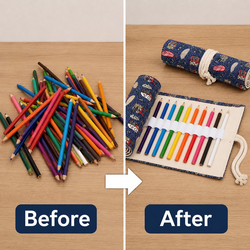 12-Slot Canvas Roll Up Pencil Case with Assorted Designs -