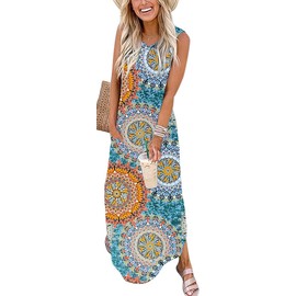 WNEEDU Women's Summer Dresses, Long Beach Dresses, V-Neck Maxi Dresses, Sleeveless A-line Dresses with Pockets, Green print.