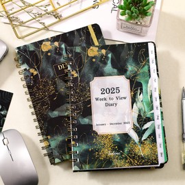 Diary 2025 - Diary 2025 Week to View from January 2025 to December 2025, Twin-Wire Binding, Hard Cover, Elastic Closure, 21.5 x 15.5 x 1.5 cm, Golden Leaf
