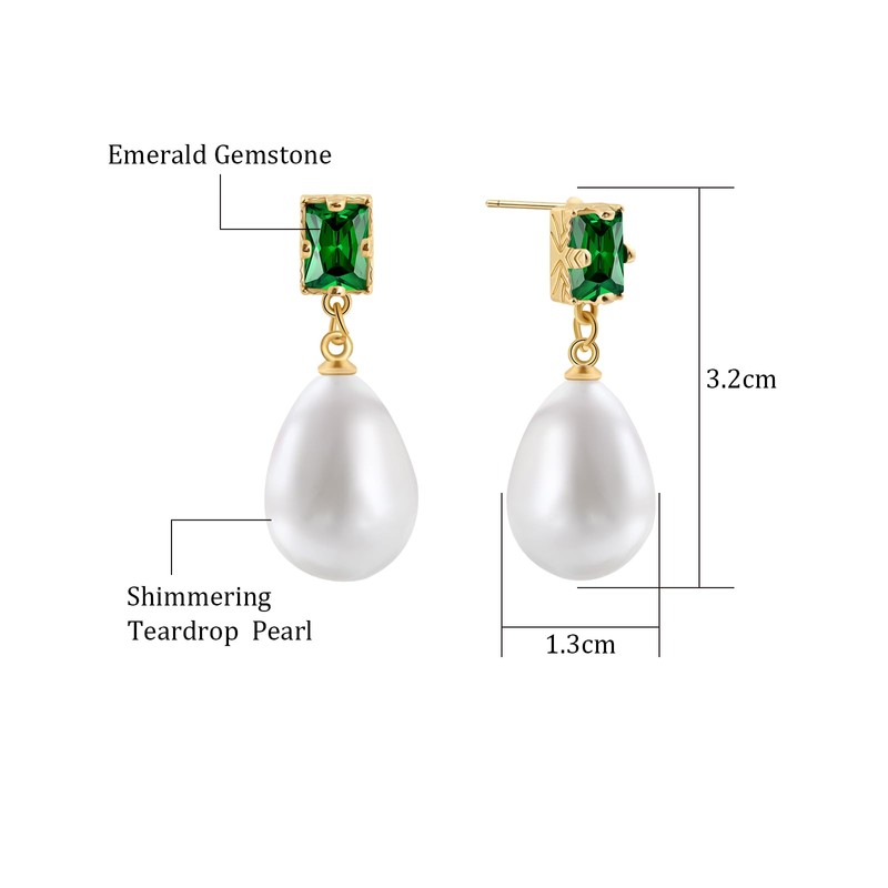 Pearl Drop Earrings with Emerald Green Crystal, 18K Gold Plated,