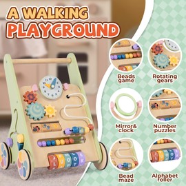 BAUTIA Wooden Baby Walker for 6-12 Months, Montessori Walker Push Toy for Toddlers Learning to Walk, Push Walker Baby Activity Center for Boys and Girls