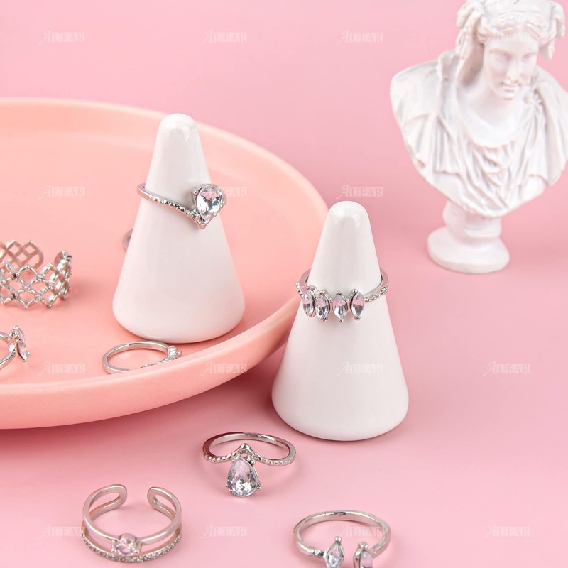 AUEAR、コーンセラミックリングホルダー タワーコーン型ディスプレイスタンド ジュエリーリングウェディングリング用(ホワイト、2個パック)