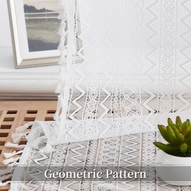 ZJDECOR Short White Boho Lace Sheer Curtains with Tassels,72 Inches Farmhouse Drapes for Living Room Bedroom,Vintage Geometric Pattern Window Treatment,Rod Pocket,40" Wx72 Lx2
