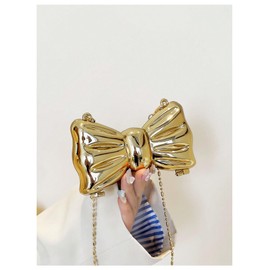 QWINEE Women's Bow Shaped Mini Clutch Purses Cocktail Evening Bag Chain Strap Solid Mini Crossbody Bag for Party Gold One Size