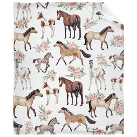 Horse Rose Blanket for Baby Girls Flowers Throw Blanket for Boys, Lightweight Cute Horses Soft Flannel Blankets for Kids Gifts, 30x40 Inches