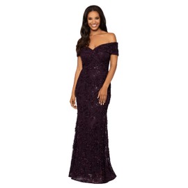 Xscape Women's Off The Shoulder Sweetheart Neckline Long Lace Dress (Standard & Petite), Mulberry Purple, 4