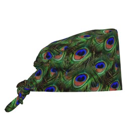 Peacock Feathers Working Cap Scrub Cap with Sweatband Adjustable Unisex Women Tie Back Hat Nurse Surgical Caps