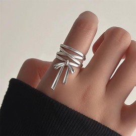 TUCEWP 2Pcs Bow Rings for Women Black Silver Ribbon Bowknot Statement Rings Elegant Sweet Wide Rings Adjustable Open Ring Fashion Intertwined Crossover Stacking Rings Cute Christmas Birthday Gift,