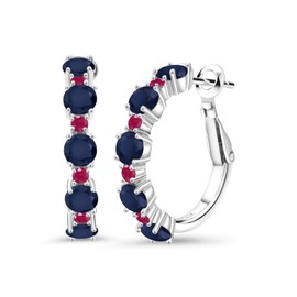 Gem Stone King 925 Sterling Silver Blue Sapphire and Red Ruby Hoop Earrings For Women (6.14 Cttw, Round 4MM and 1.9MM, Gemstone Birthstone 1 Inch Diameter)