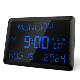 Raynic Digital Clock, 11.5" Large Display Calendar Clock with Day and Date, Indoor Temperature, Adjustable Brightness, Snooze,12/24H, DST for Home, Office, Elderly