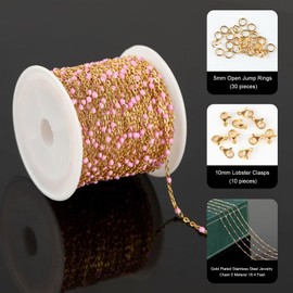 UMAOKANG 33 Feet Pink Bead Chain for Jewelry Making Gold Plated Stainless Steel Jewelry Chains Bulk Cute Beading Bracelet DIY Jewelry Supplies