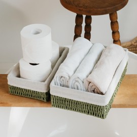 Beautiful Toilet Paper Storage Basket Set of 2 – Decorative Wicker Bathroom Organizer for Toilet Tank Trays - Quality Holder Bin For Shelves Fits Perfectly With Any Bathroom Decor