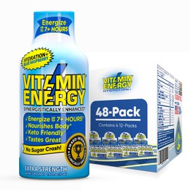 Vitamin Energy Hydration+ Extra Strength Energy Shot Blue Raspberry 48 Pack, 260mg Natural Caffeine, Electrolytes, BCAAs, Amino Acids, Hydration & Performance, Zero Sugar, Gluten-Free, 1.93 fl oz