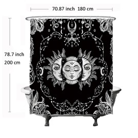Ulticool Shower Curtain - Sun Moon Zodiac Sign Tarot Nature Bohemian - 180 x 200 cm - Anti-Mould - Washable - Waterproof - with 12 Rings - Black White