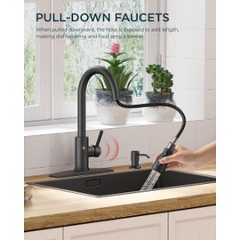 FORIOUS Black Touchless Kitchen Faucet with Soap Dispenser, Hands-Free, Smart Motion Sensor, Contemporary Sink Faucet with Pull Down Sprayer for Farmhouse RV Bar Camper