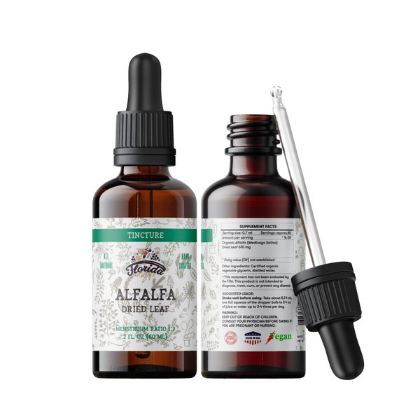 FLORIDA HERBS Alfalfa Tincture, Organic Alfalfa Extract (Medicago Sativa) Dried Leaf, Antioxidant Extract for Immune Support, Non-GMO in Cold-Pressed Organic Vegetable Glycerin 2 oz, 670 mg