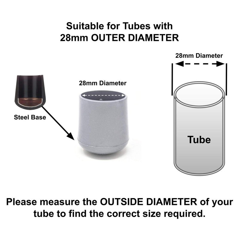 28mm Rubber Feet, Grey Tube End Caps, Pack of 4