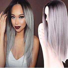 Bestland Long Silky Black to Grey Straight Ombre Wig Heat Resistant Fiber Synthetic Wig