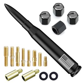 Car Truck Bullet Antenna with Tire Valve Caps American Flag Universal Short Replacement for GMC Sierra Chevy Silverado Dodge Ram 1500 2500 3500 Ford F150 F250 F350 Super Duty Accessories, Matte Black