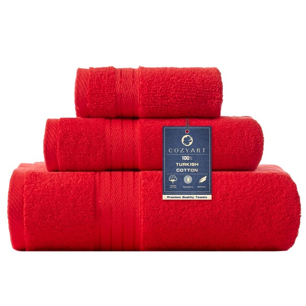 COZYART Luxury Red Bath Towels Set 3 Pcs, Cotton Hotel