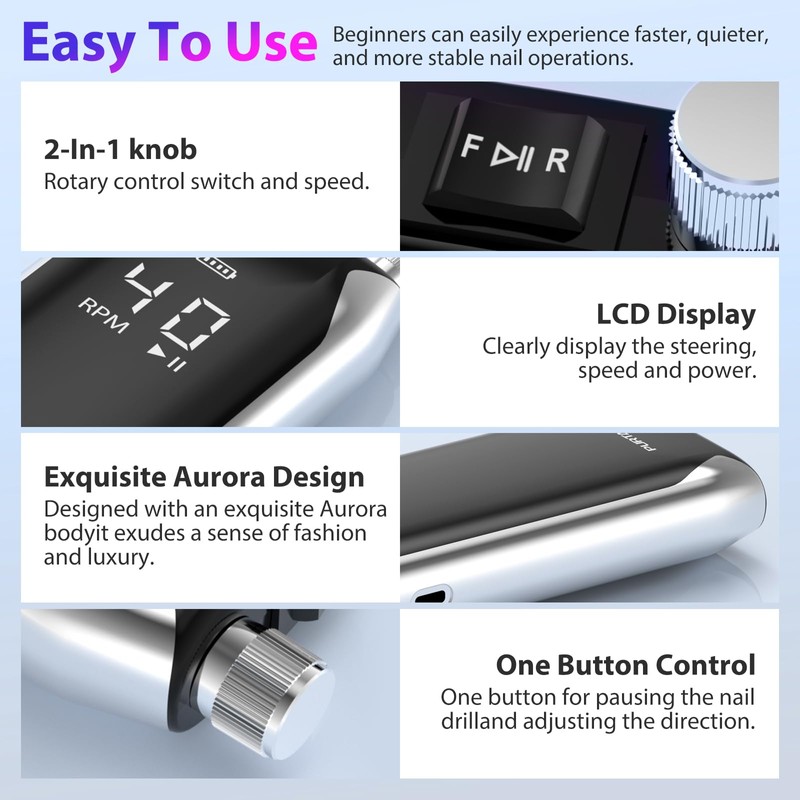 PURTATO Professional Nail Drill 40,000 RPM, Rechargeable,LCD Display E File