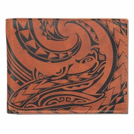 Hawaiian Shark Tattoo Flip ID Billfold Wallet for Men, Genuine Leather, "Mano" Tattoo art by Kuaika Quenga (Antique Bourbon) from NAKOA
