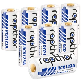 Rapthor Rechargeable 3.7V CR123A Lithium Batteries 750mAh Compatible with Arlo Cameras Flashlights Smart Sensors (8 Pack)Color: Blue, Nominal Voltage: 3.7V, Nominal Capacity: 750mAh