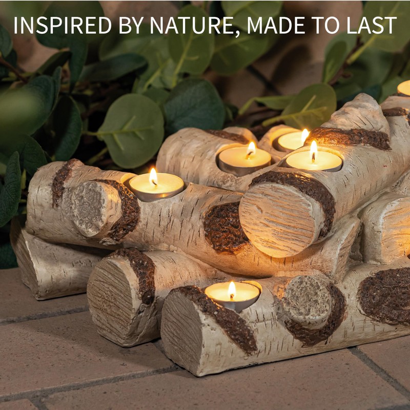 Plow & Hearth Faux Birch Wood Resin Logs Candle Holder