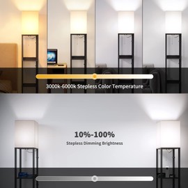 SUNMORY Shelf Lamp with Remote Control, Stepless Color Temperature & Dimmable, Floor Lamp with Shelves with 2 Usb Charging Ports and 2-Hole Socket, Solid Wood Tall Lamps for Living Room, Bedroom，Black