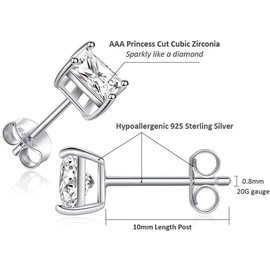 Gulicx 4mm 925 Sterling Sliver Stud Earring for Women, 14K White Gold Plated Square CZ Cubic Zirconia Simulated Diamond Sparkly Small Unisex Cartilage Stud Earrings, Gift for Women Men Girls Teens