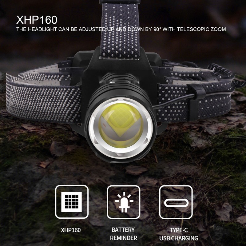 Headlamps for XHP160 LED Bulb Type C Charging Telescopic Zoom
