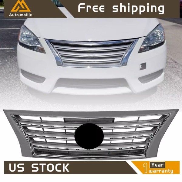 ANTUKO Front Grille Chrome W/Silver Insert For 2013-2015 Nissan Sentra