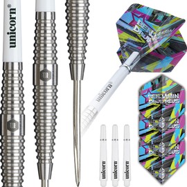Unicorn Darts Set Contender | Benjamin 'The Flying Star' Drue Reus | 80% Natural Tungsten Barrels with Intricately Machined Grip Rings | Durable Ultrafly Flights | Steel Tip Volute Points | 24 g