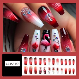 Red Gradient Press on Nails Medium Coffin Fake Nails Flamingo Stick on Nails Rhinestone Glue on Nails with Stripe Flower Design Glossy Shiny Acrylic False Nails Full Cover Artificial Nails for Women