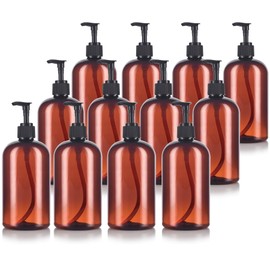 JUVITUS 16 oz Amber Boston Round PET Plastic Bottles with Black Fine Mist Sprayer (12 pack)