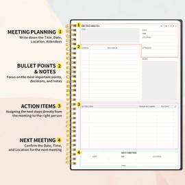 SUNEE Meeting Notebook for Work with Sticky Tabs - 160 Pages, A4 Size Project Planner, Spiral Meeting Agenda/Minutes Notebook Organizer for Women Men, Note Taking, Office & Business, 8.5"x11", Black