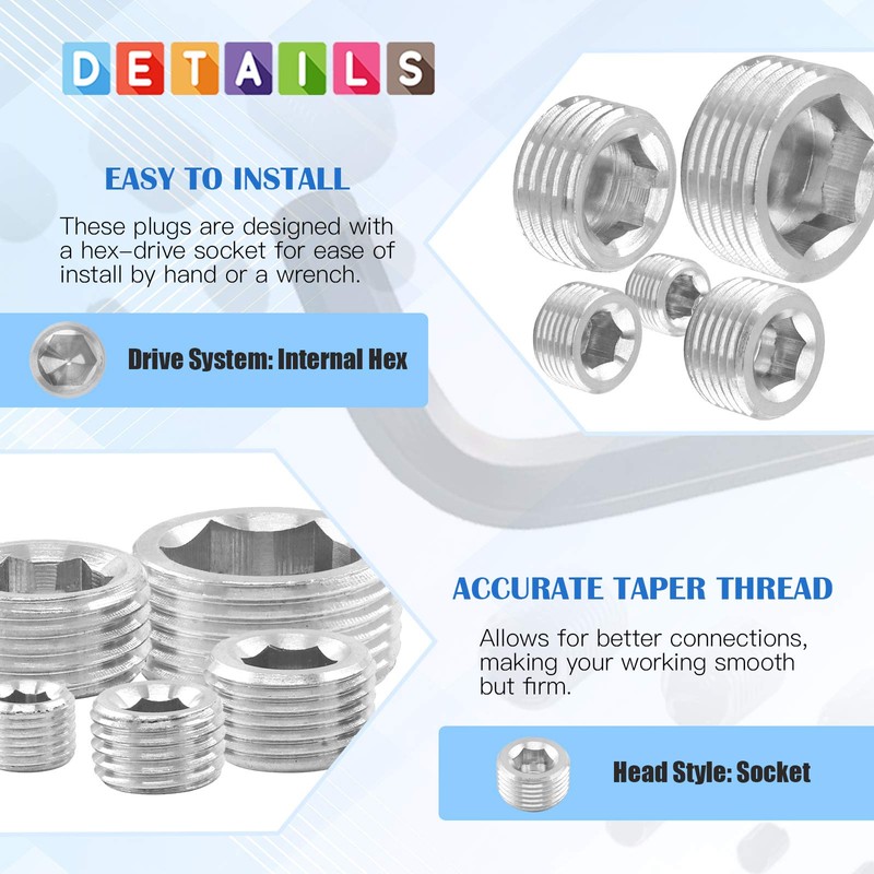Glarks 5Pcs 304 Stainless Steel 3/8'' NPT Male Pipe Plug