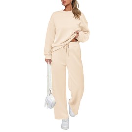 PRETTYGARDEN Women's 2 Piece Outfits 2024 Fall Long Sleeve Pullover Tops And Long Pants Lounge Sets Tracksuit (Beige,Medium)