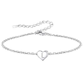 Funny S925 Silver 26 Letter Initial A-Z Heart Pendant Bracelet Gift For Daughter Sisters Friends Mum Birthday Christmas Adjustable Jewellery (L)