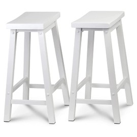 PJ Wood 24 Inch Tall Easy Assemble Backless Solid Wood Saddle Seat Kitchen Counter Stool with Classic and Modern Design, White (Set of 2)