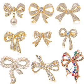 Landical 9 Pcs Delicate Crystal Bow Brooch Pin for Women, Glitter Pins Dress Suit Shirt Ceremony Clothes Jewelry Accessories(Gold)