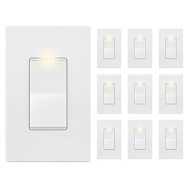 LIDER Minimalist Design Matte Finish Lighted Decorator Switch with Wall Plate, Frameless Paddle Light Switch with Locator Light, 3-Way, Grounding Screw, 15A 120V, UL Listed, White, 10 Pack