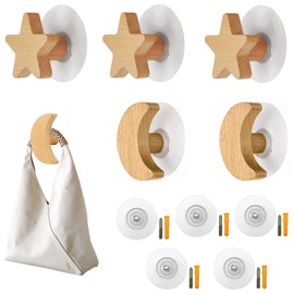 Monsully 5 Wooden Wall Hooks, Decorative Coat Hooks, Moon Wall Hooks, Star Wall Hooks, for Hanging Coats, Hats, Scarves, Clothes in Bedroom, Living Room