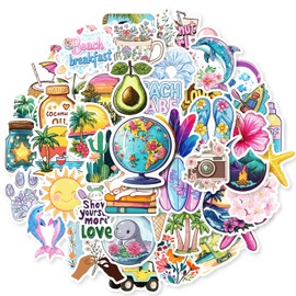 50 Pcs Beach Style Stickers for Children Teens Girls Boys Adults,Summer Beach Stickers for Laptop Water Bottles,Bicycle,Skateboard,Computer,Waterproof Vinyl for Wall, Graffiti Stickers