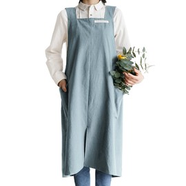Small snail Cotton Linen Aprons Solid Color Japanese Style Cross Back Apron with Pocket Retro Literature Art Flower Shop Clothing for Women Men Kitchen Cooking Aprons Plus Size Blue